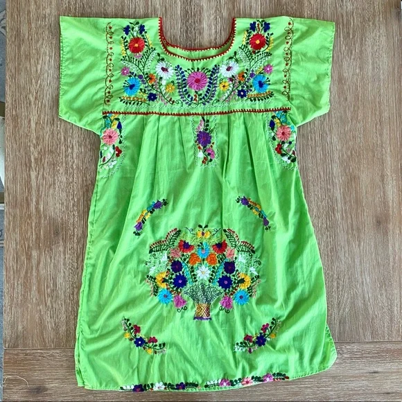 Vintage Embroidered Green Mexican Peasant Dress | Color: Green | Size: M | Anniegal8's Closet